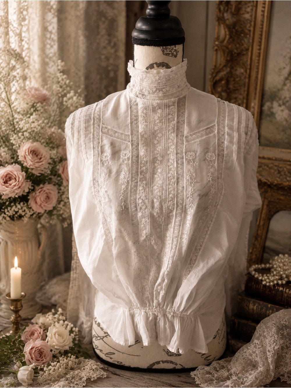 Antique Edwardian White Embroidered Lace High Neck Blouse c. 1895-1910